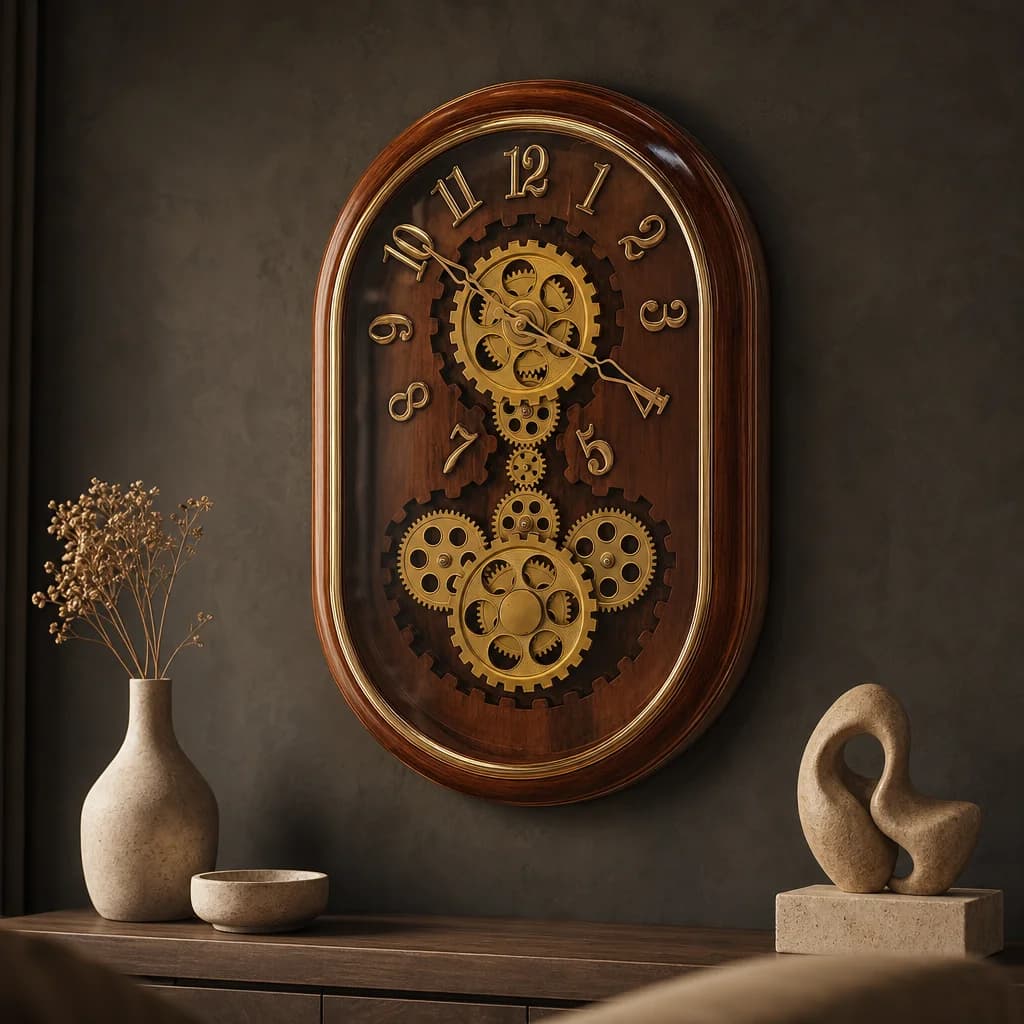 Ornate 075-2-TONE-BROWN-AND-GOLD Oval Wall Clock with Exposed Gold Gear Mechanism styled in a room