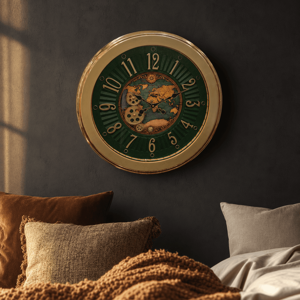 The clock Factory World Map Green Wall Clock with Visible Gears styled in a room