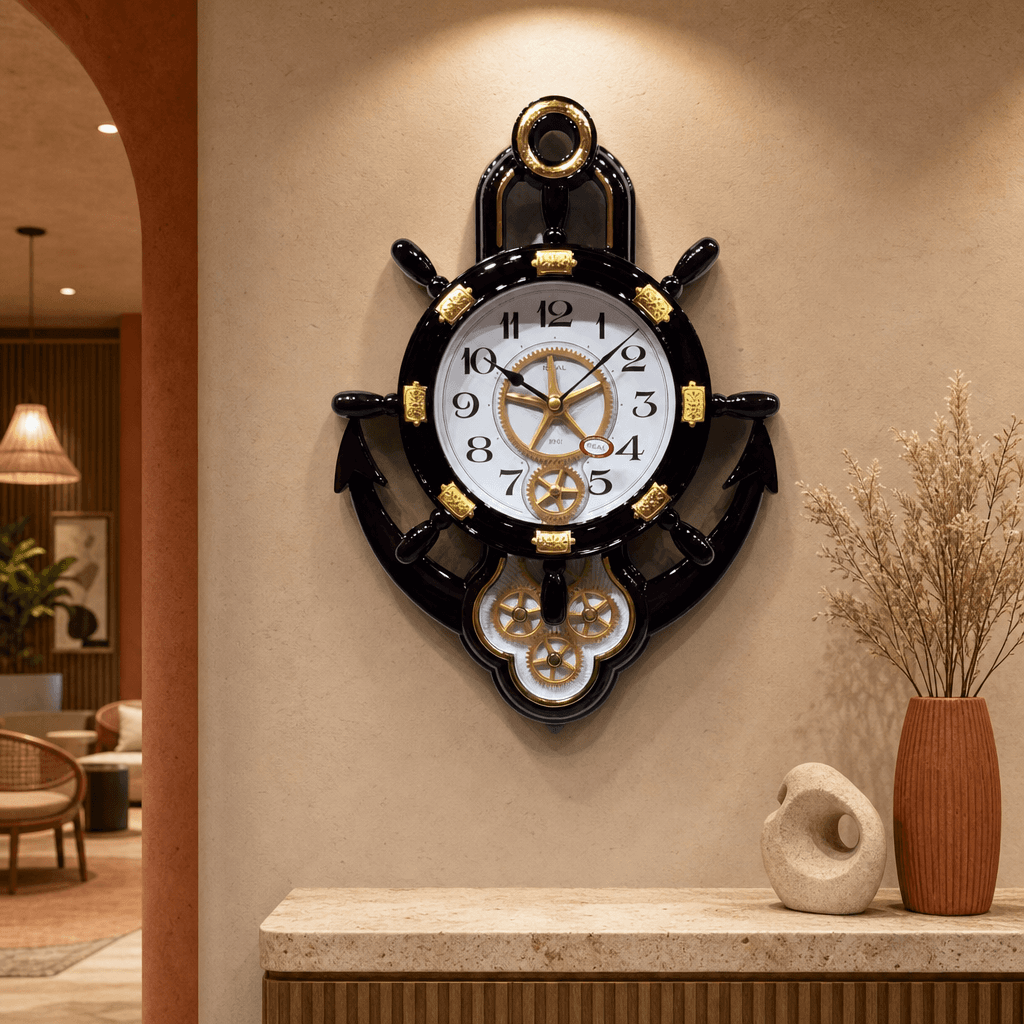 Real RG07 Nautical Ship's Wheel Wall Clock with Anchor Base, Very Dark Cherry Wood Finish styled in a room