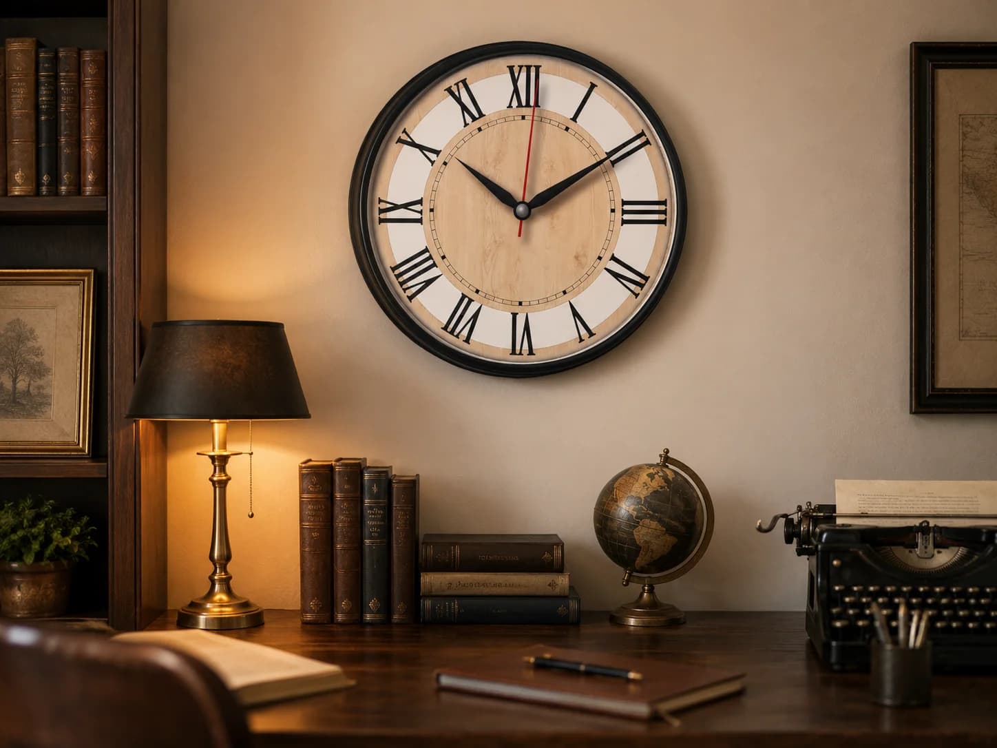 The Clock Factory 12-inch Classic Roman Numeral Wall Clock with Wood Grain Dial styled in a room